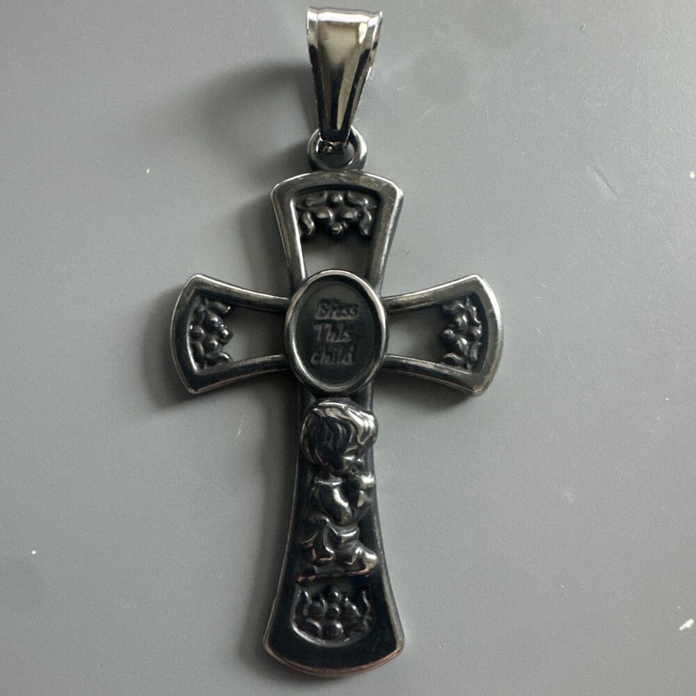 Stainless Steel Cross Pendant Angel Metal Tone Plated 24 Inch Chain Religious